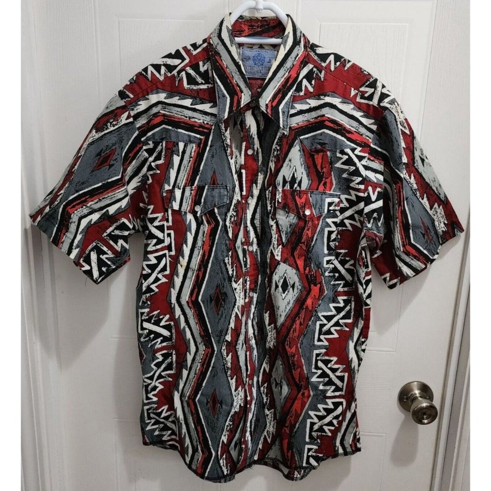 Vintage American Hero‎ Short Sleeve Aztec Southwestern Pearl Snap Shirt Size L